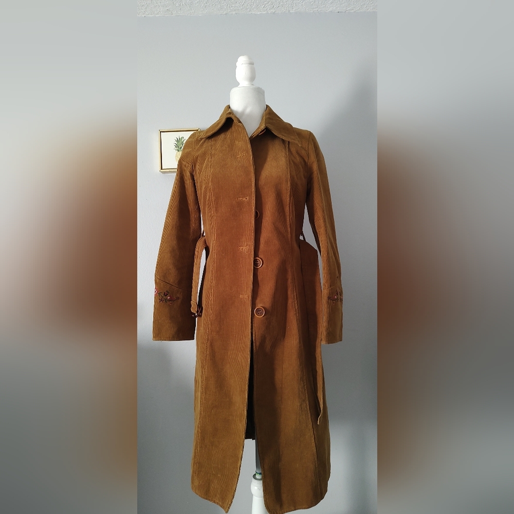 Vintage Corduroy Long Jacket Women Jean Basic Style 70s' Embroidery Size Medium - Picture 2 of 15